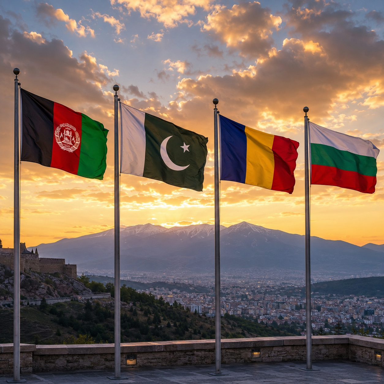 Afghan, Pakistani, Romanian and Bulgarian flags at sunset