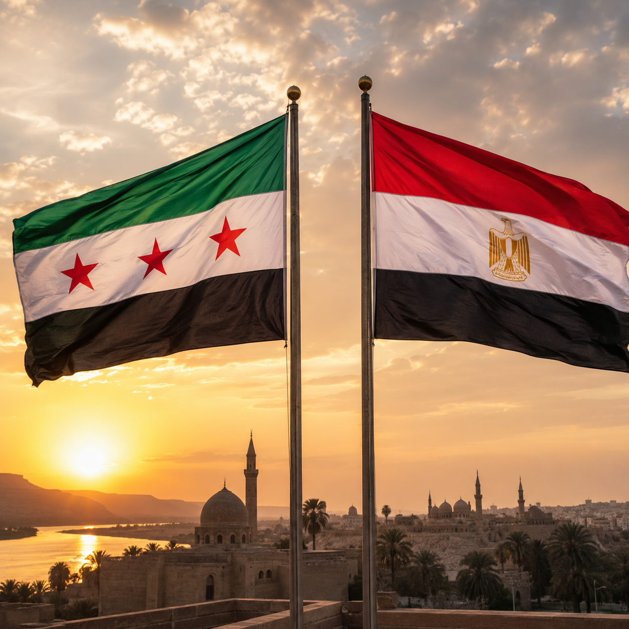 Syria and Egypt flags at sunset